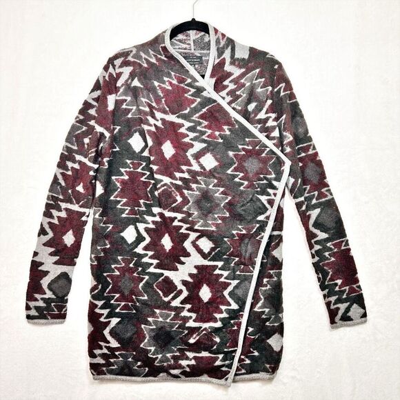 Lucky Brand Burgundy Gray Aztec Print Open Front Cardigan Cotton Blend Sz S New - Picture 7 of 15